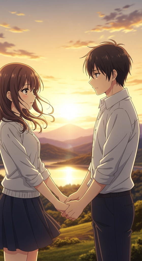 Cute anime couple holding hands at sunset, iPhone Android wallpaper.