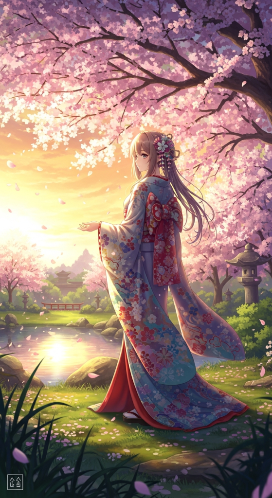 Cute anime girl in kimono under cherry blossoms, iPhone Android wallpaper.