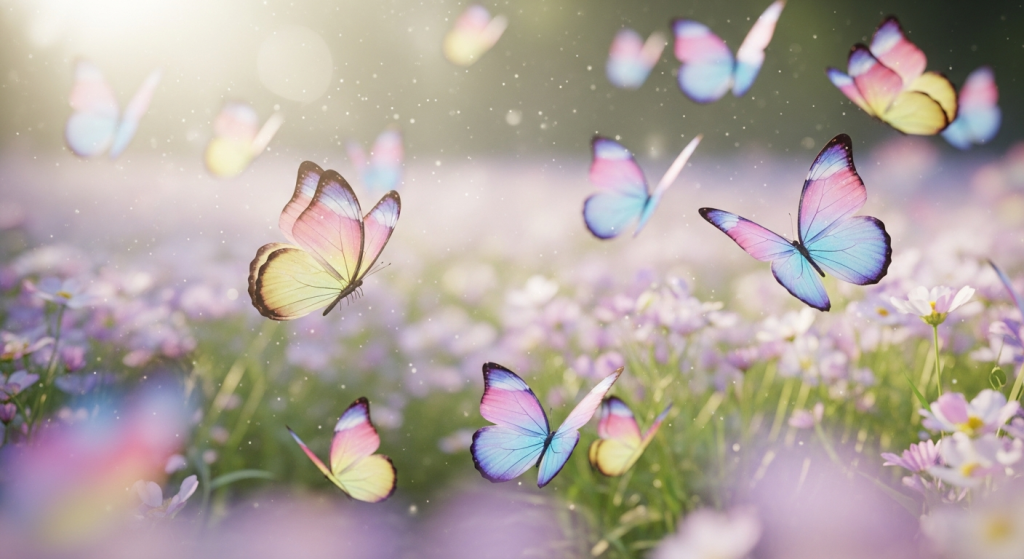 Colorful butterflies flying in a sunlit flower garden with soft focus.