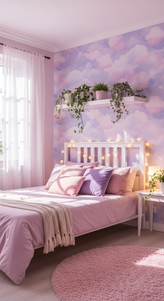 Pastel bedroom with cloud wallpaper, pink bedding, and string lights.