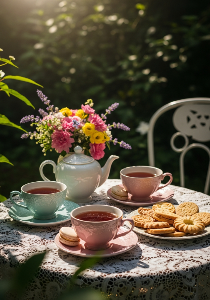 Cute afternoon tea with colorful flowers in garden.