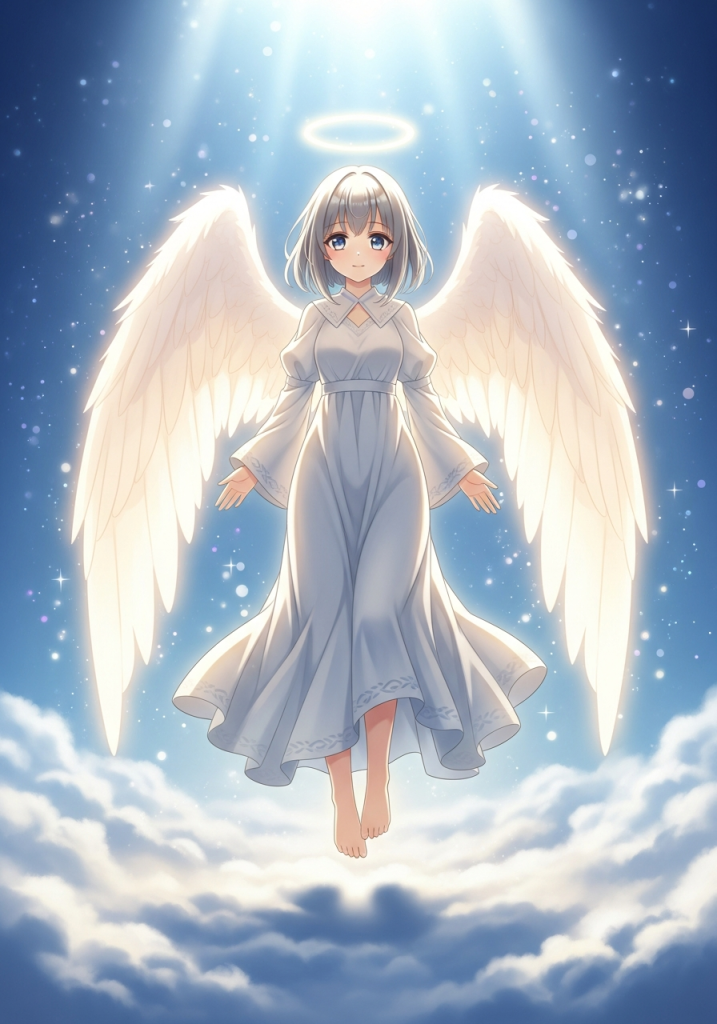 Cute anime angel with white wings and halo floating in sky.
