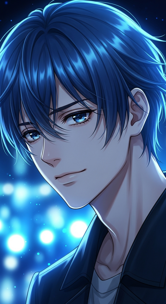 Cute anime boy with blue hair and eyes, perfect iPhone and Android wallpaper.