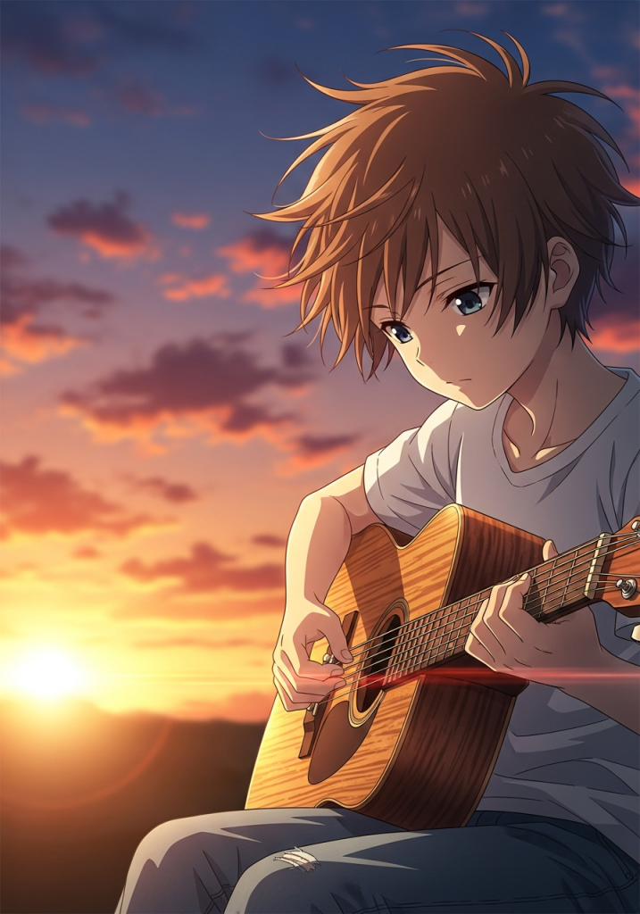 Cute anime boy playing guitar at sunset for tablet wallpaper