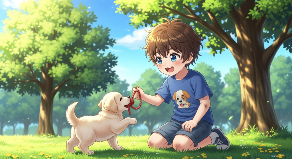 Cute anime boy playing with puppy in park for desktop or laptop.