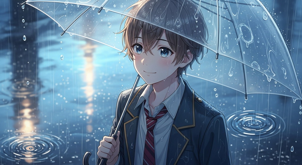 Cute anime boy with umbrella in rain for desktop, PC, or laptop wallpaper.