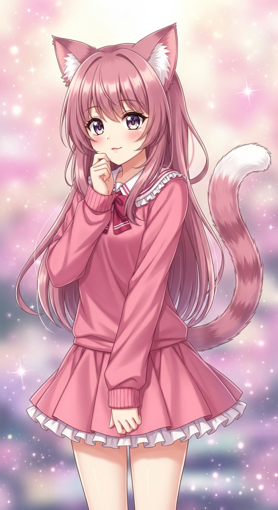Cute anime cat girl with pink hair, iPhone Android wallpaper.