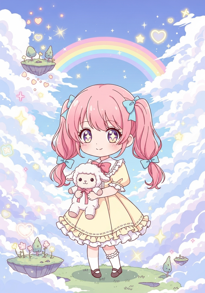 Cute anime chibi girl with lamb plushie and rainbow in sky.