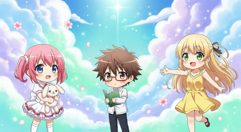 Cute anime chibi characters with fluffy clouds and pink flowers.