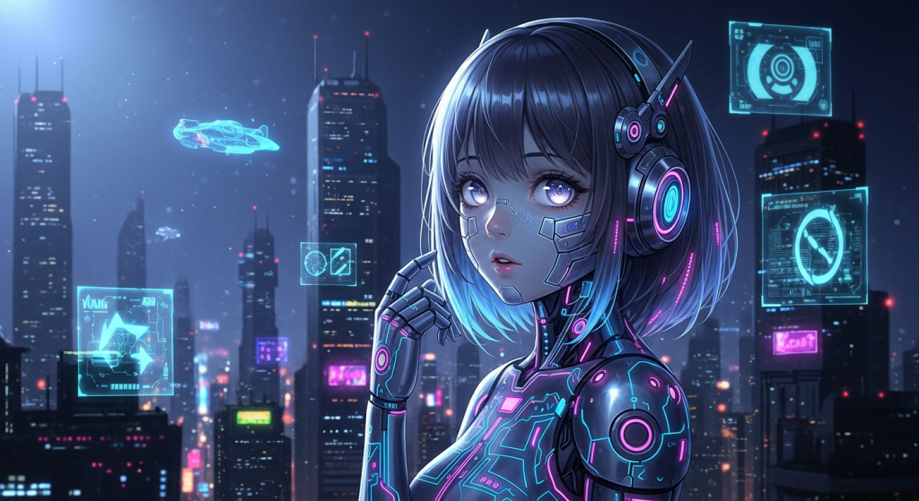 Cute anime cyborg girl in futuristic neon city for desktop or laptop.