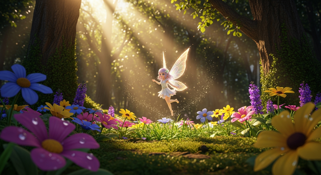 Cute anime fairy with glowing wings in an enchanted forest for wallpaper.