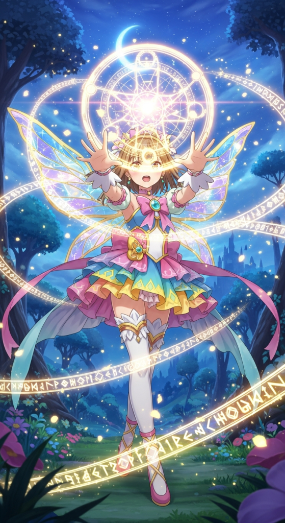 Cute anime fairy casting magic in forest, iPhone Android wallpaper.