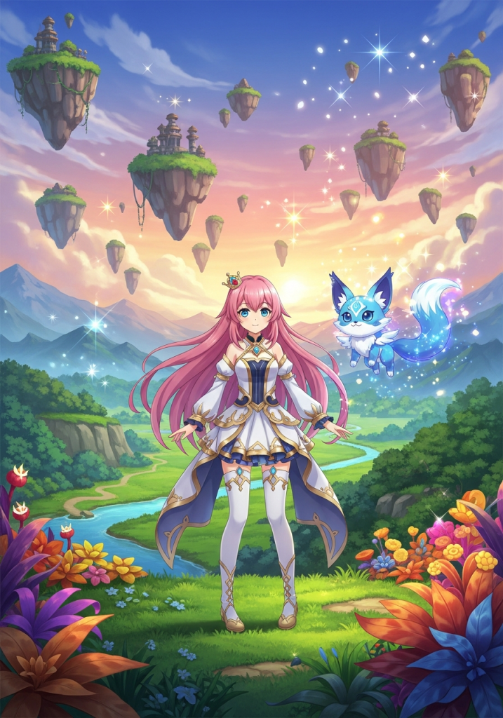 Cute anime fantasy girl with fox and floating islands for tablet