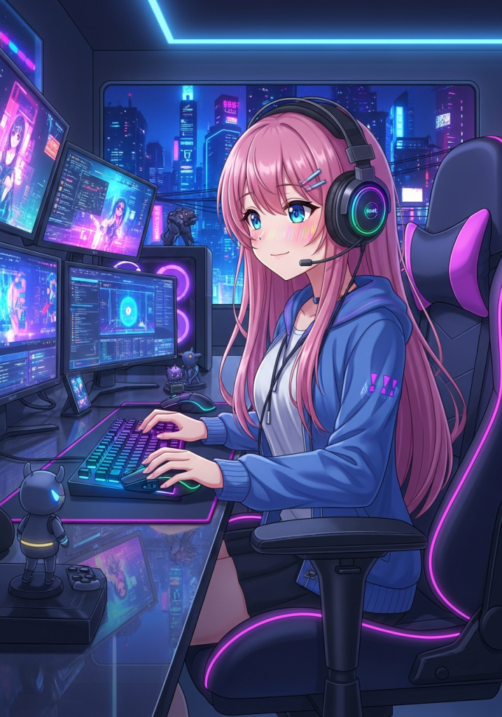 Cute anime gamer girl with pink hair at neon gaming setup.
