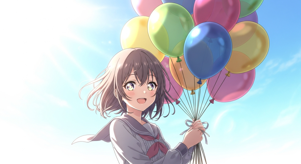 Cute anime girl with colorful balloons under blue sky for wallpaper.