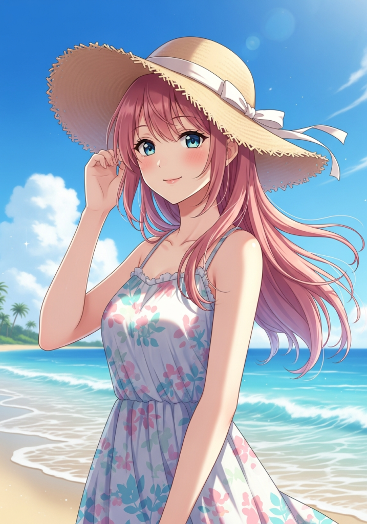 Cute anime girl with straw hat on a sunny beach for tablet.