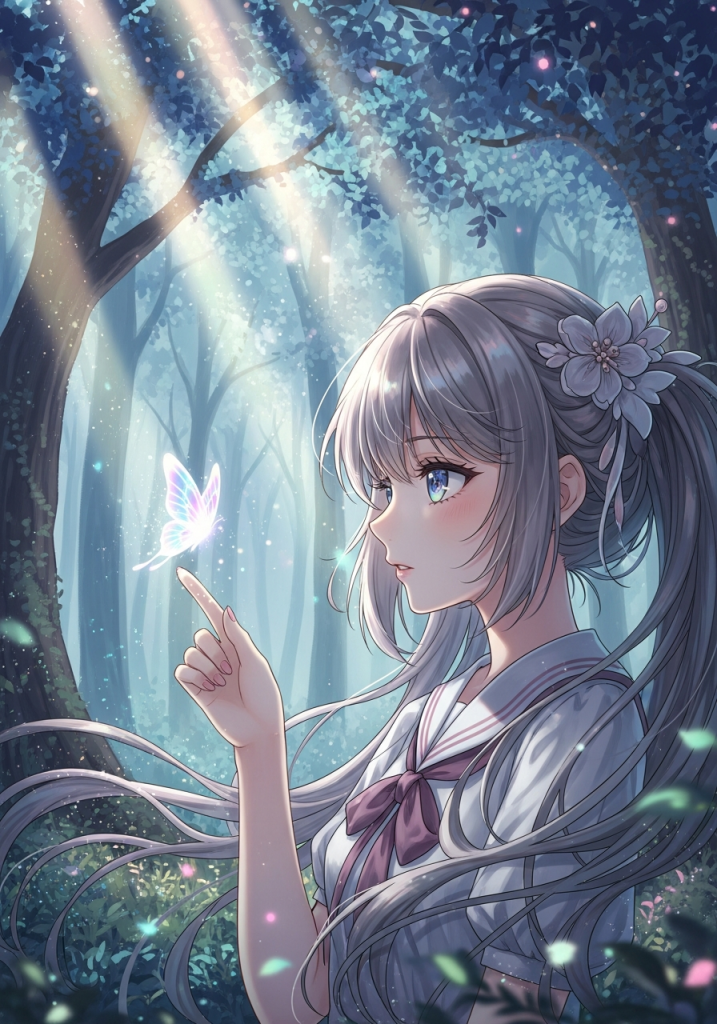 Cute anime girl with butterfly in magical forest for tablet.