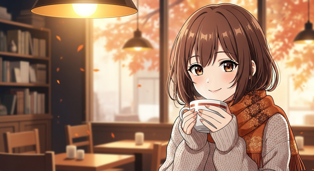 Cute anime girl drinking coffee in a cozy autumn cafe for wallpaper.