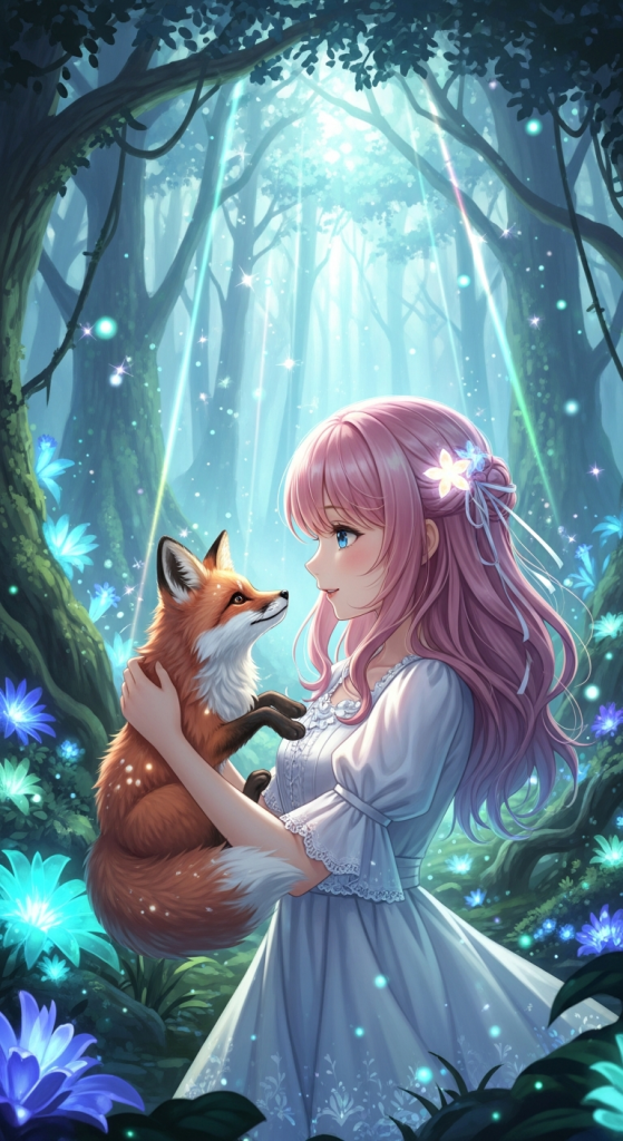 Cute anime girl holding a fox in enchanted forest, iPhone Android wallpaper.