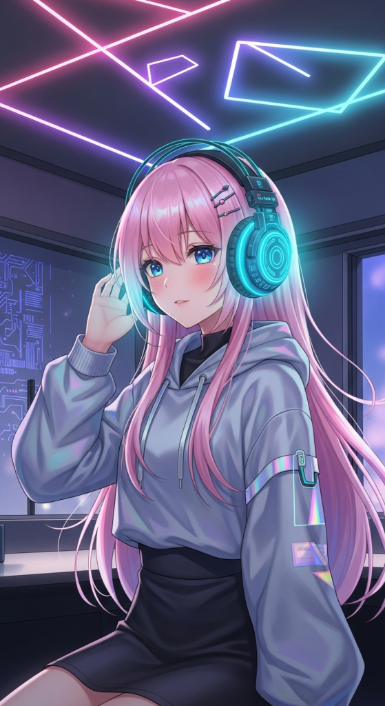 Cute anime girl with pink hair, headphones, neon lights, iPhone Android wallpaper.