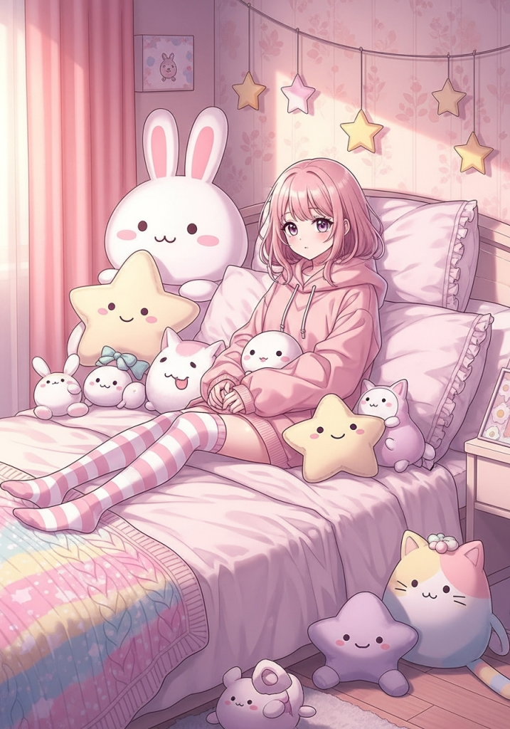 Cute anime girl in pink bedroom with plushies for tablet.