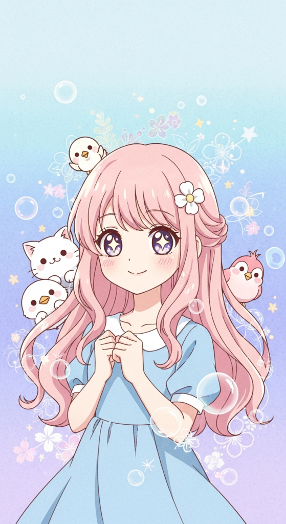Cute anime girl with pink hair and small animals on pastel background.