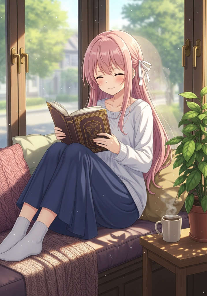 Cute anime girl with pink hair reading by window for laptop wallpaper.