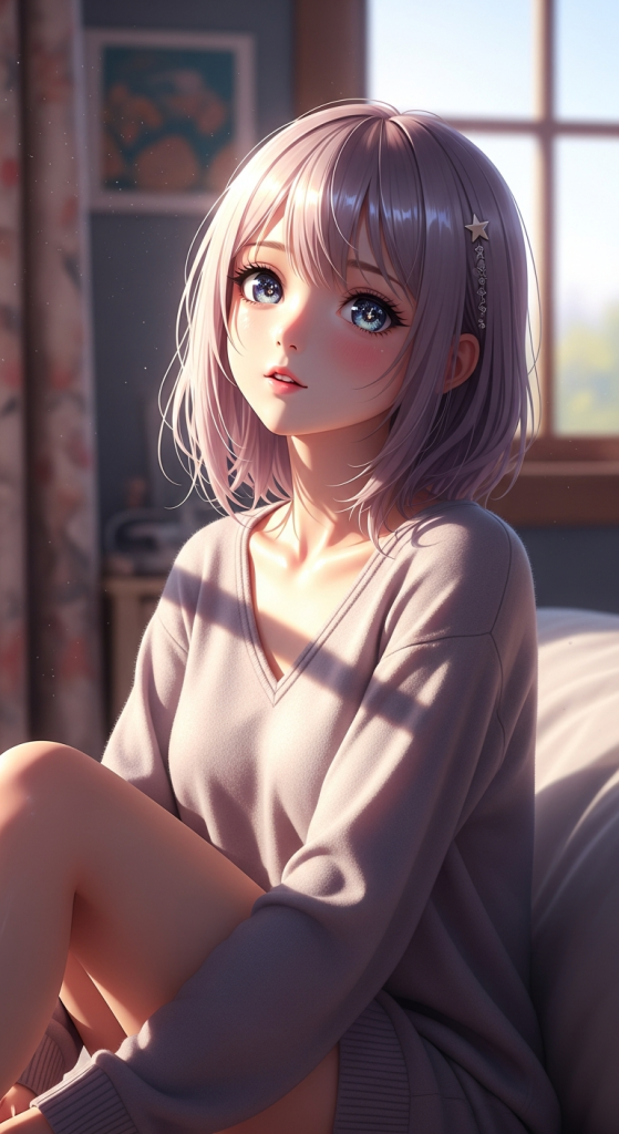 Cute anime girl with short lavender hair and blue eyes, perfect for iPhone and Android wallpaper