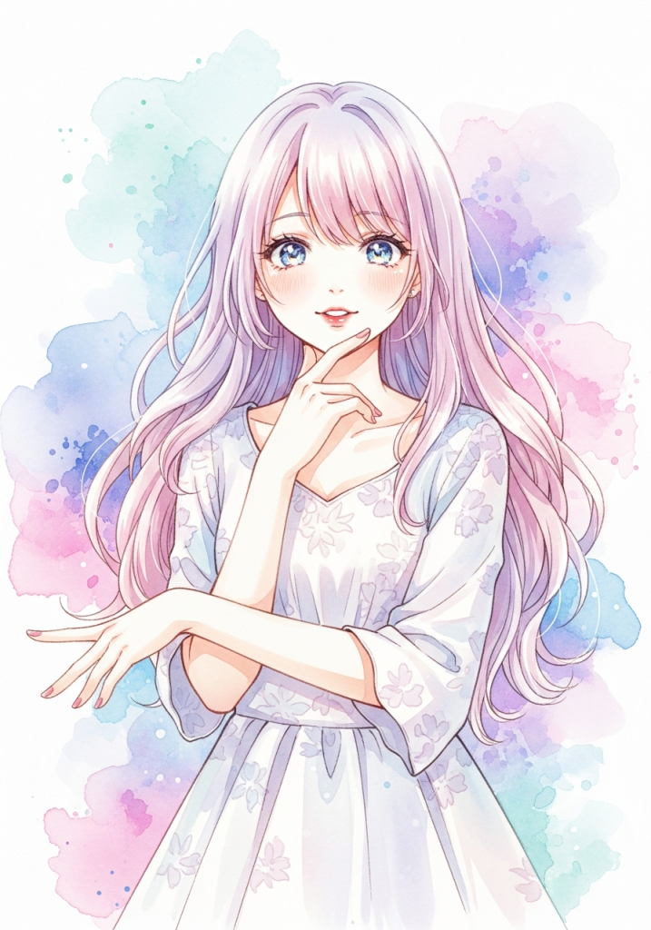 Cute anime girl with pink hair on watercolor background for tablet.
