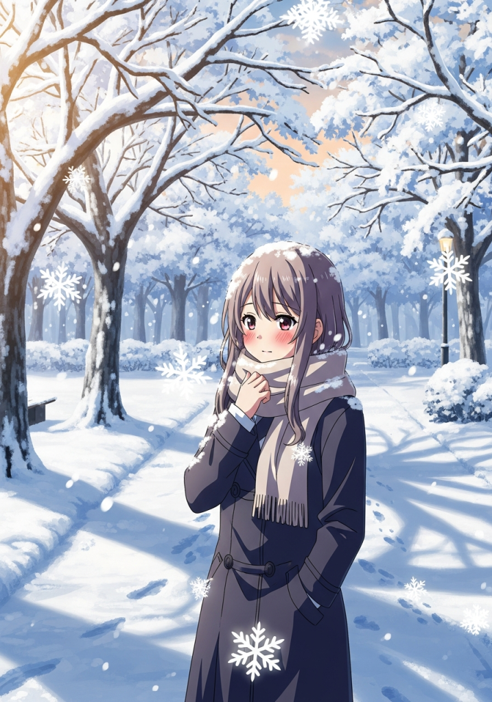 Cute anime girl in winter coat with snowflakes in snowy park.