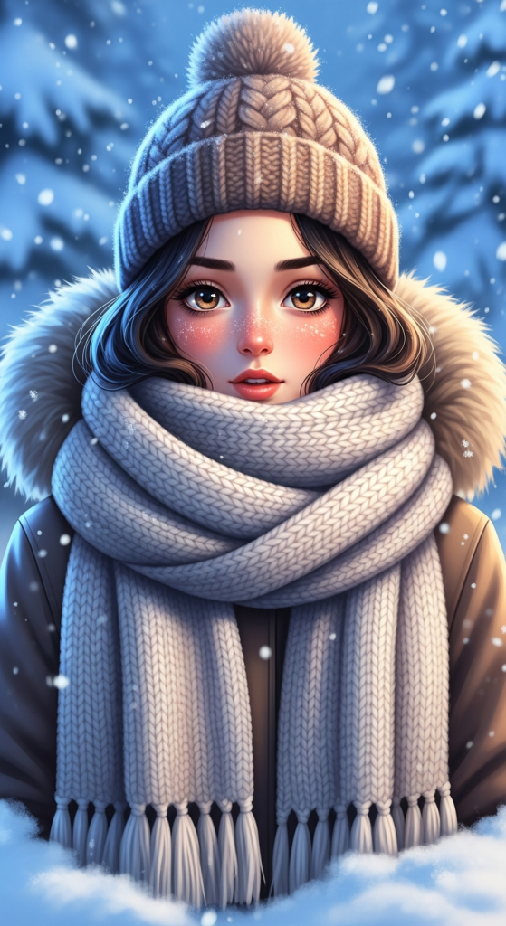Cute anime girl in winter hat and scarf, snow, iPhone Android wallpaper.