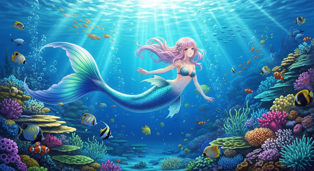 Cute anime mermaid swimming in a colorful coral reef for wallpaper.