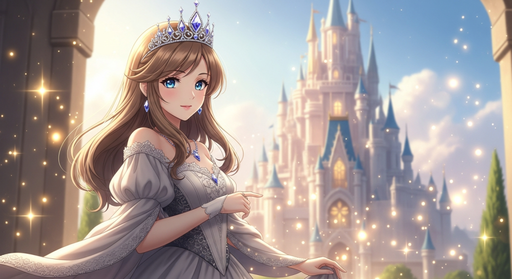 Cute anime princess with tiara and castle background for desktop or laptop.