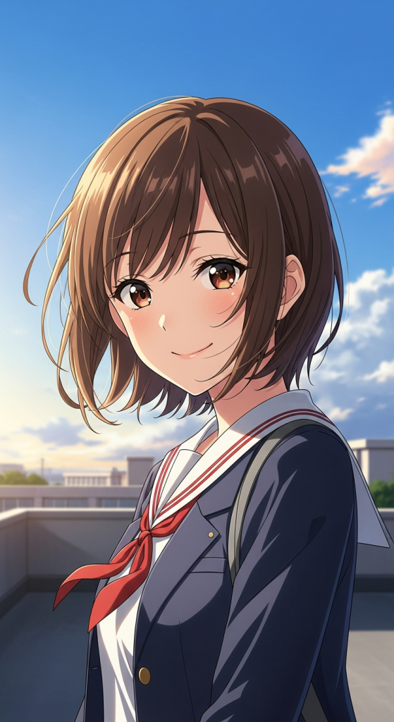 Cute anime schoolgirl with short brown hair, smiling, iPhone Android wallpaper.