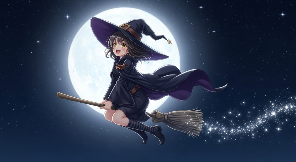 Cute anime witch flying on broomstick under full moon for wallpaper.
