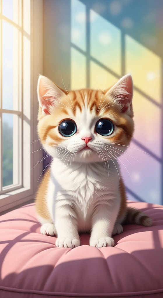 Cute big-eyed orange and white kitten on cushion.