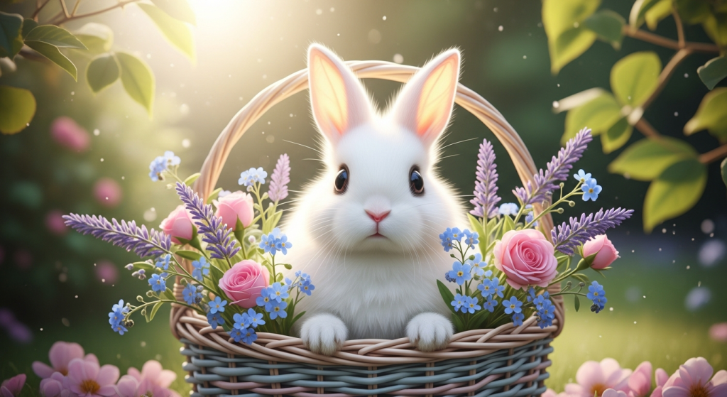 Cute white bunny in basket with pink and blue flowers.