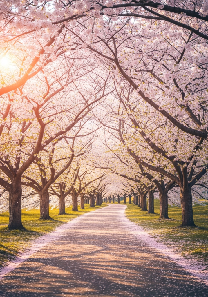Cute cherry blossom avenue with pink petals.