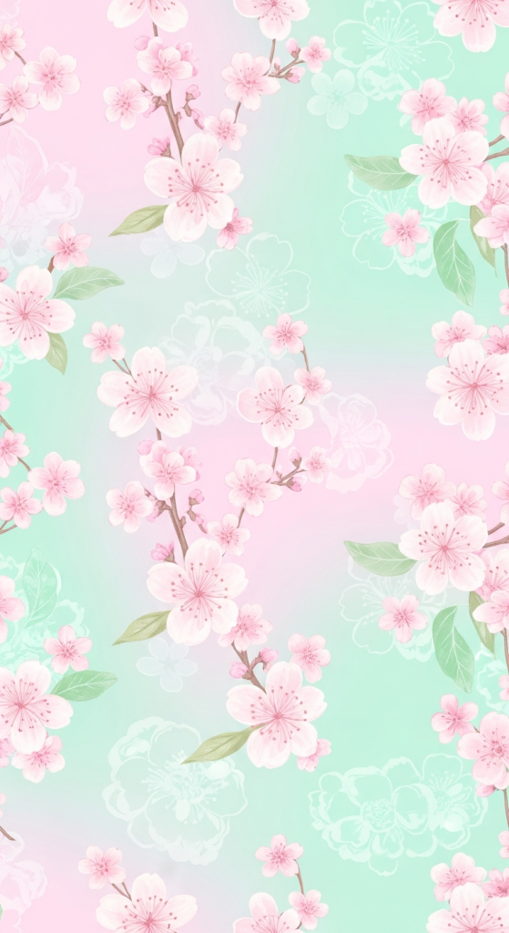 Cute pink cherry blossoms on a pastel background