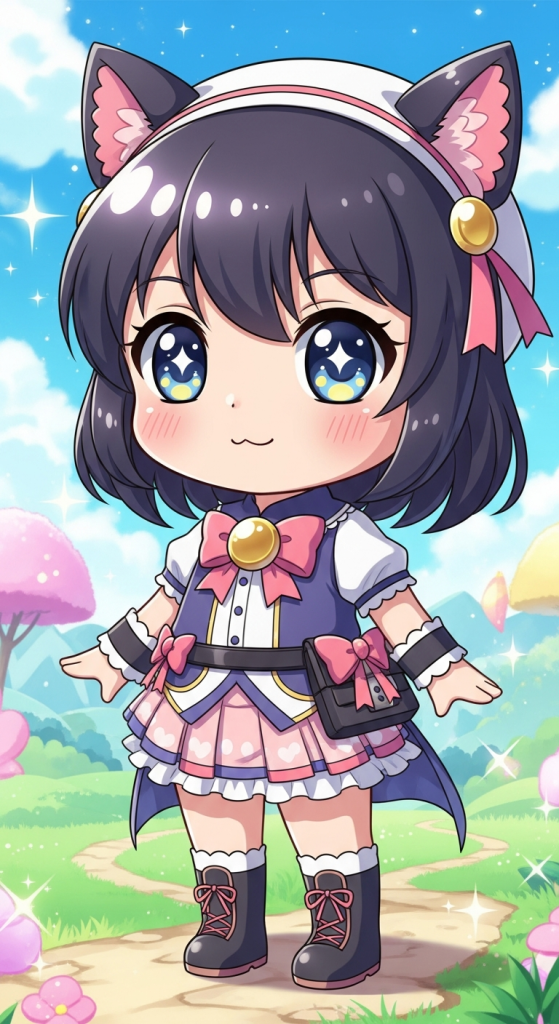 Adorable chibi anime cat girl with big eyes, iPhone Android wallpaper.