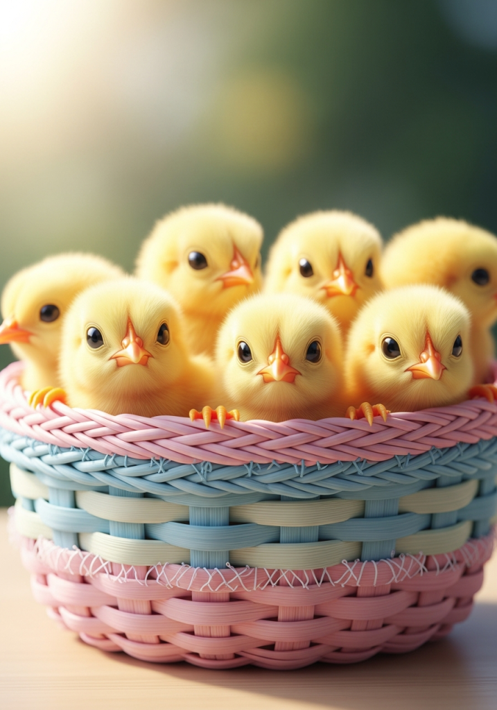 Cute fluffy yellow chicks in pastel basket