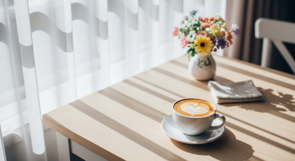 Cute coffee with heart latte art and flowers.
