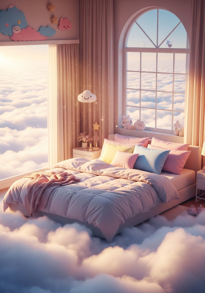 Cute dreamy bedroom with bed in clouds.