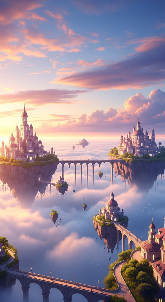 Cute fantasy floating castles with bridges in sky.