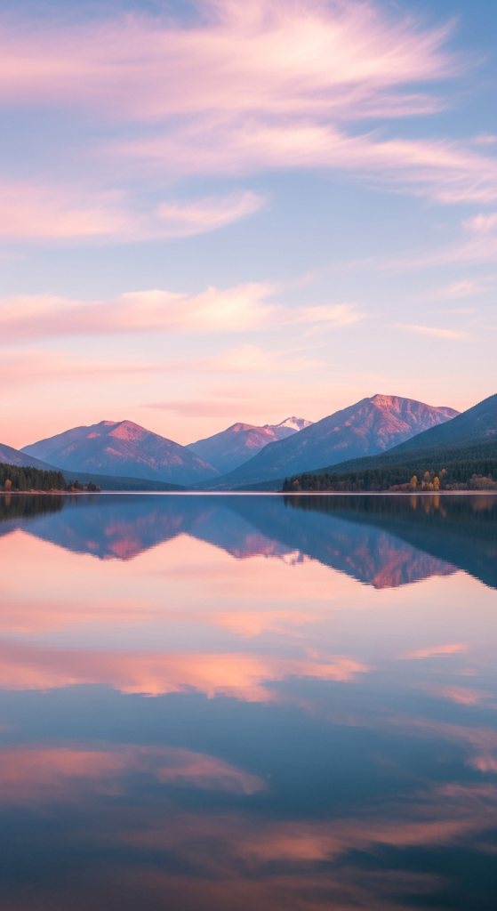 Pink sunset over mountains reflecting in a still lake.