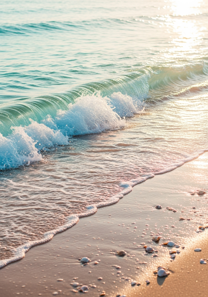 Cute pastel beach wave with seashells.