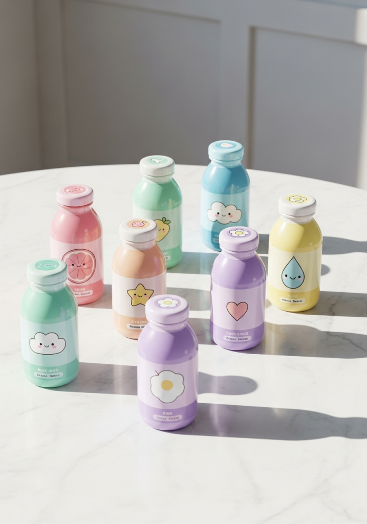 Cute pastel bottles with adorable face designs.