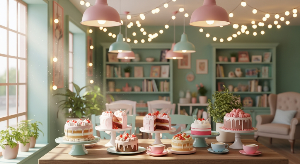 Cute pastel cakes in a charming, cozy cafe.