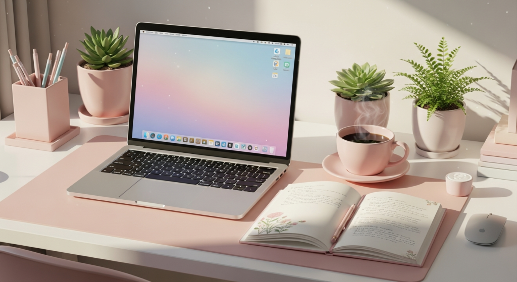 Cute pastel pink desk with laptop, coffee, plants.