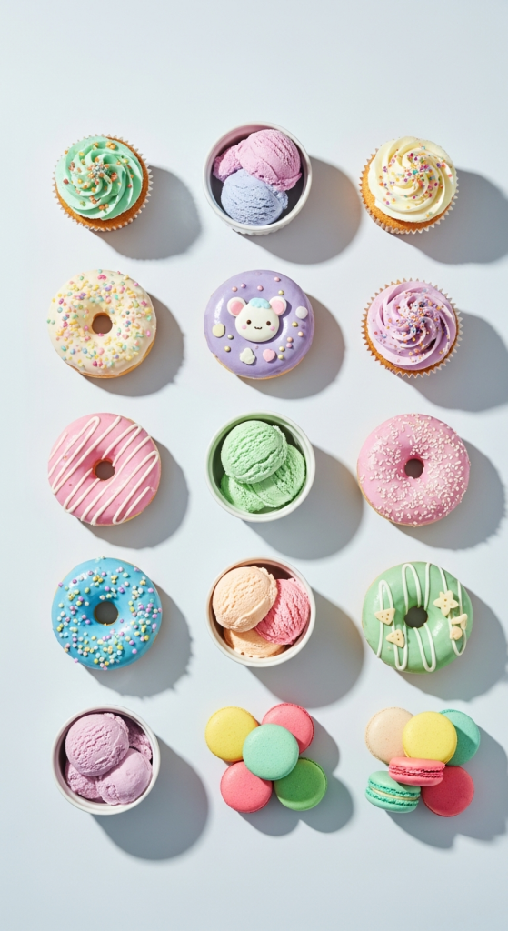 Cute pastel cupcakes, donuts, ice cream, macarons.